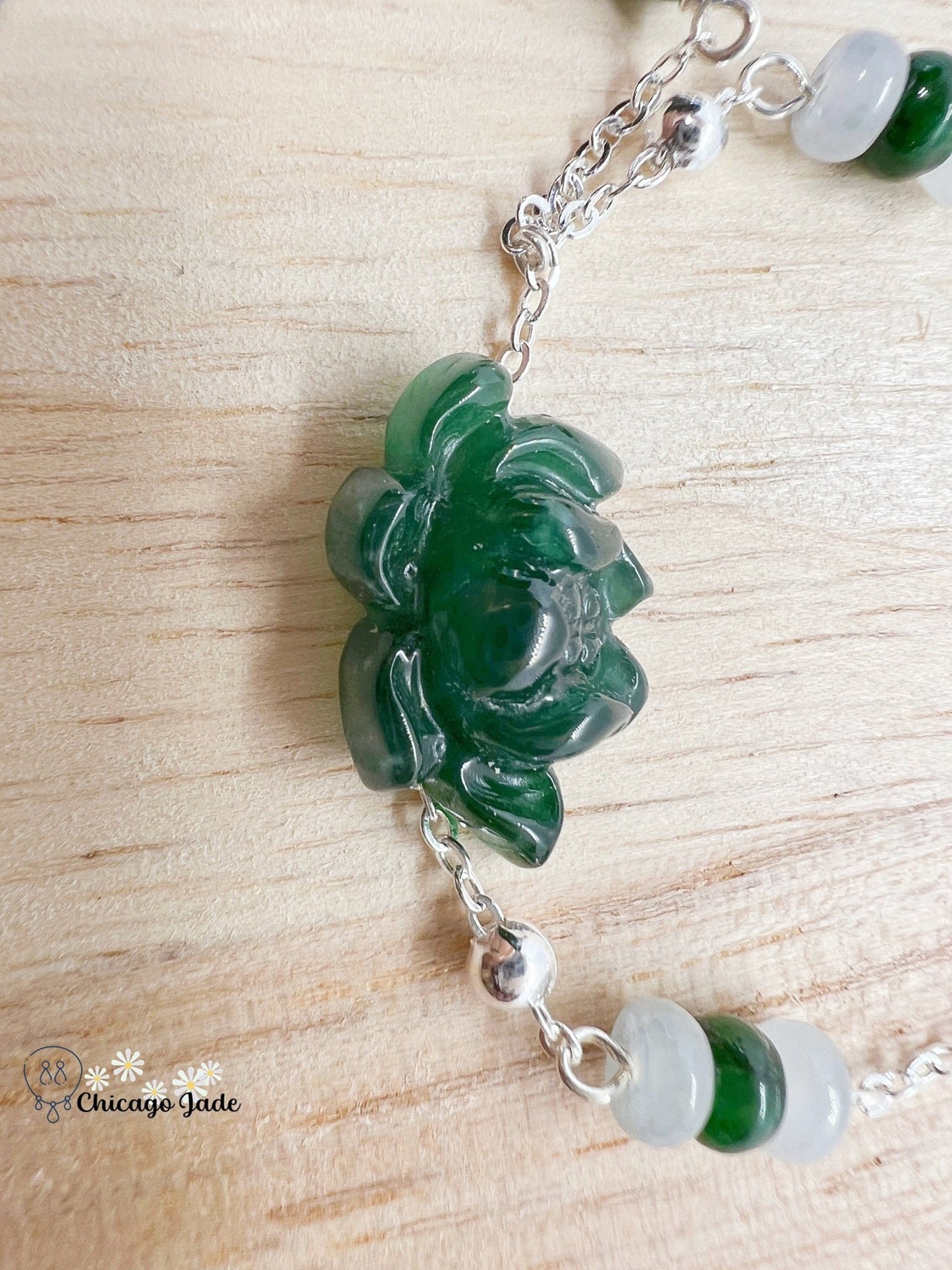 LB0014 Lotus Braided Bracelet Sterling Silver缅料手工雕刻翡翠莲花手绳 - Chicago JadebraceletlotussilverChicago Jade