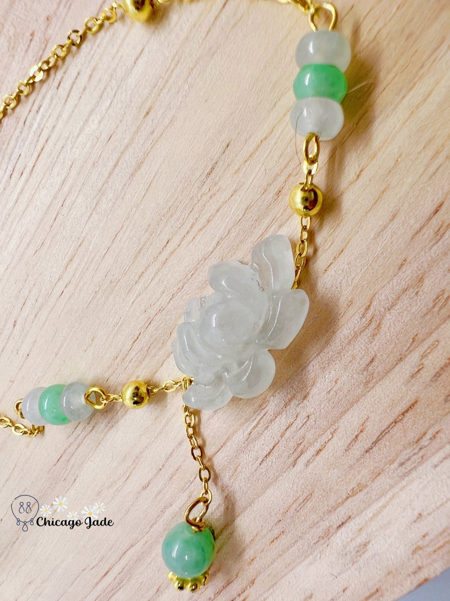 LB0027 Lotus Braided Bracelet缅料手工雕刻翡翠莲花手绳 - Chicago JadebraceletlotussilverChicago Jade