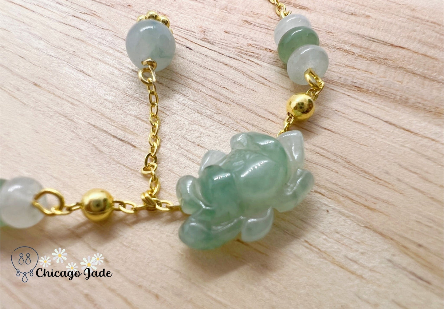 LB0031 Lotus Braided Bracelet缅料手工雕刻翡翠莲花手绳 - Chicago JadebraceletlotussilverChicago Jade