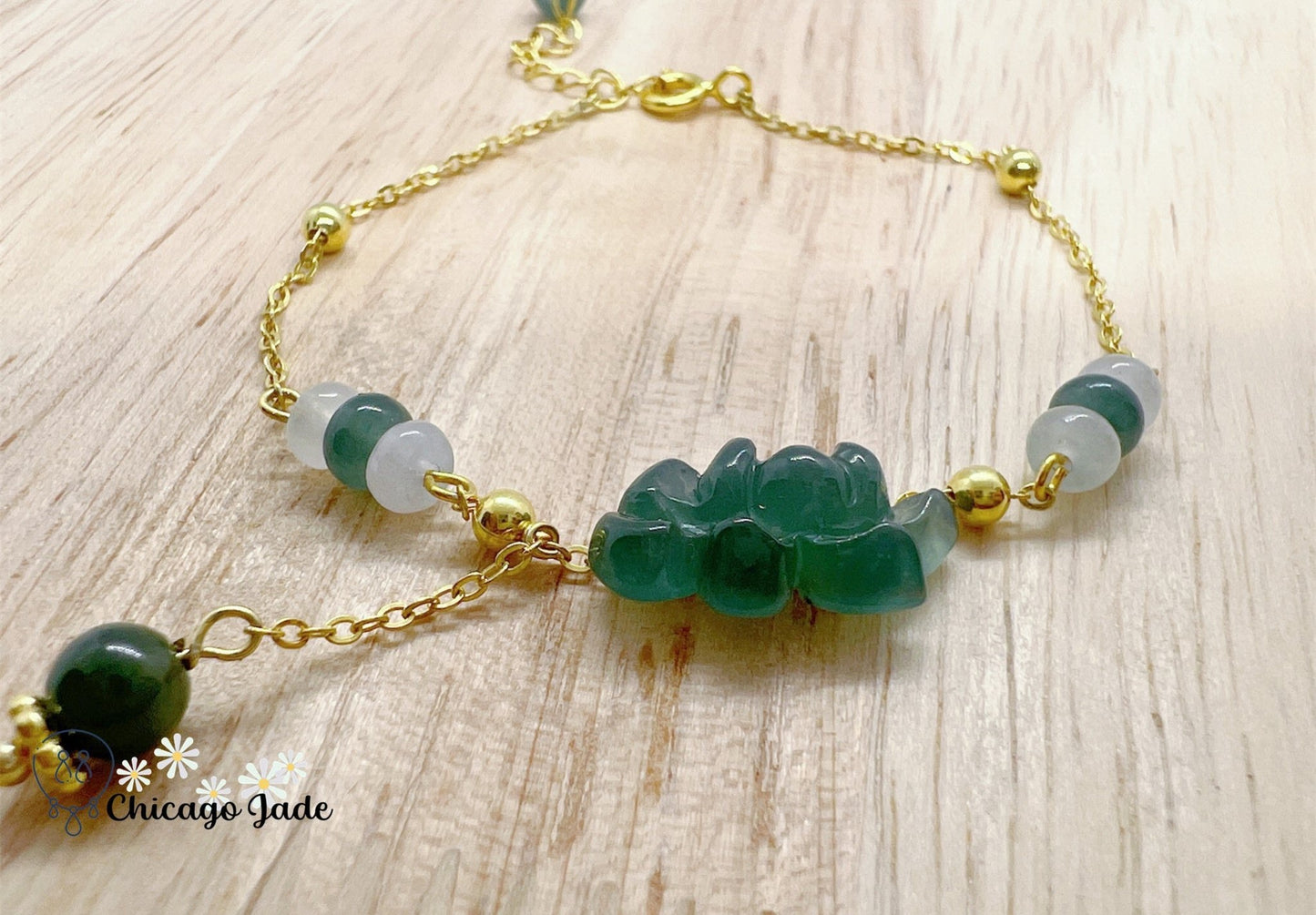 LB0033 Lotus Braided Bracelet缅料手工雕刻翡翠莲花手绳 - Chicago JadebraceletlotussilverChicago Jade