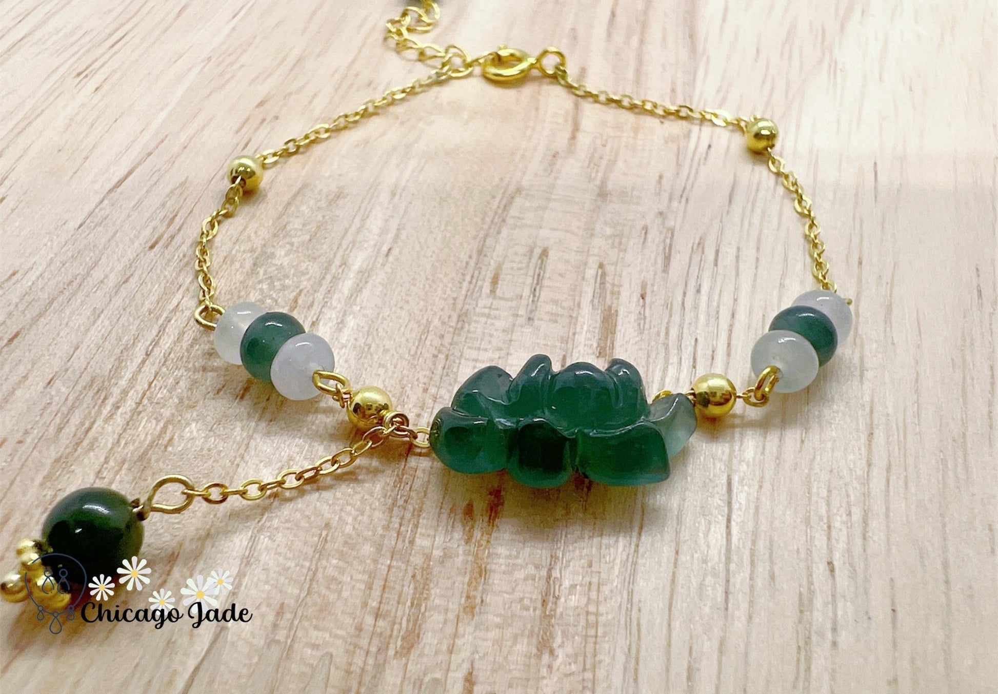 LB0033 Lotus Braided Bracelet缅料手工雕刻翡翠莲花手绳 - Chicago JadebraceletlotussilverChicago Jade