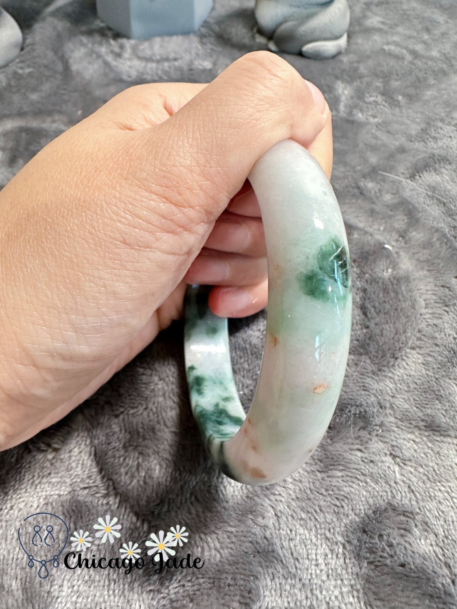 Light green base with clouds of green and touches of gold jadeite jade bangle (size XL) - Chicago Jadeanniversarybanglebirthday giftChicago Jade