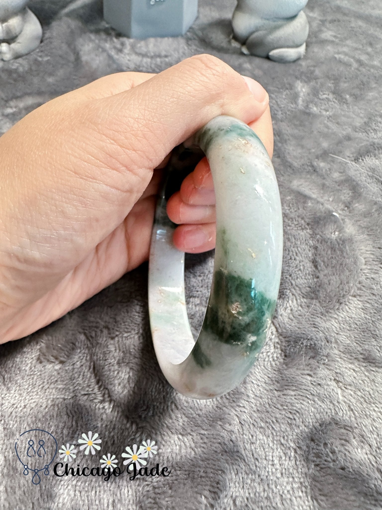 Light green base with clouds of green and touches of gold jadeite jade bangle (size XL) - Chicago Jadeanniversarybanglebirthday giftChicago Jade