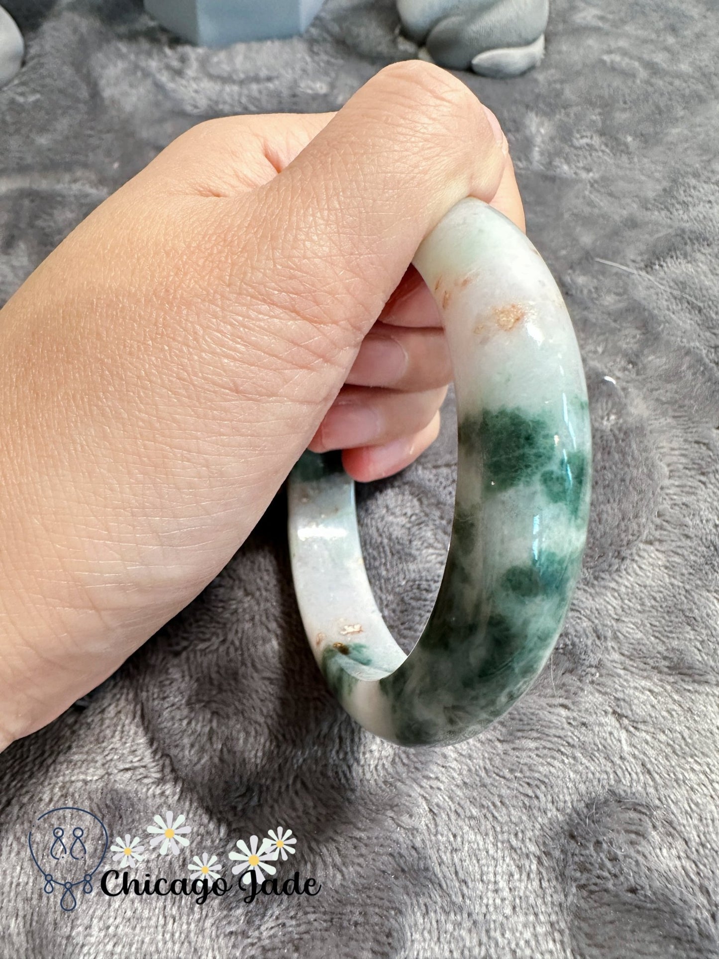 Light green base with clouds of green and touches of gold jadeite jade bangle (size XL) - Chicago Jadeanniversarybanglebirthday giftChicago Jade