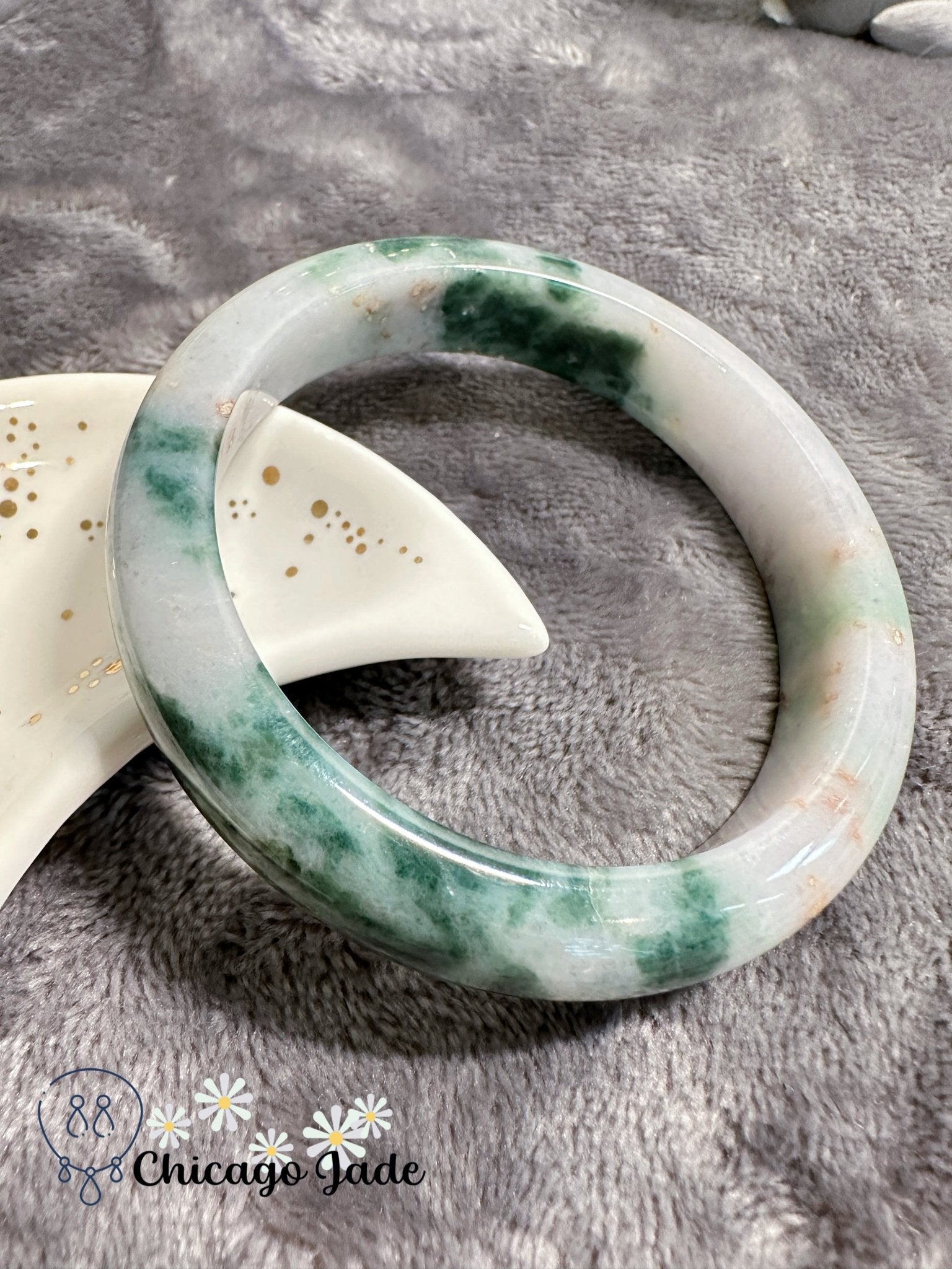 Light green base with clouds of green and touches of gold jadeite jade bangle (size XL) - Chicago Jadeanniversarybanglebirthday giftChicago Jade