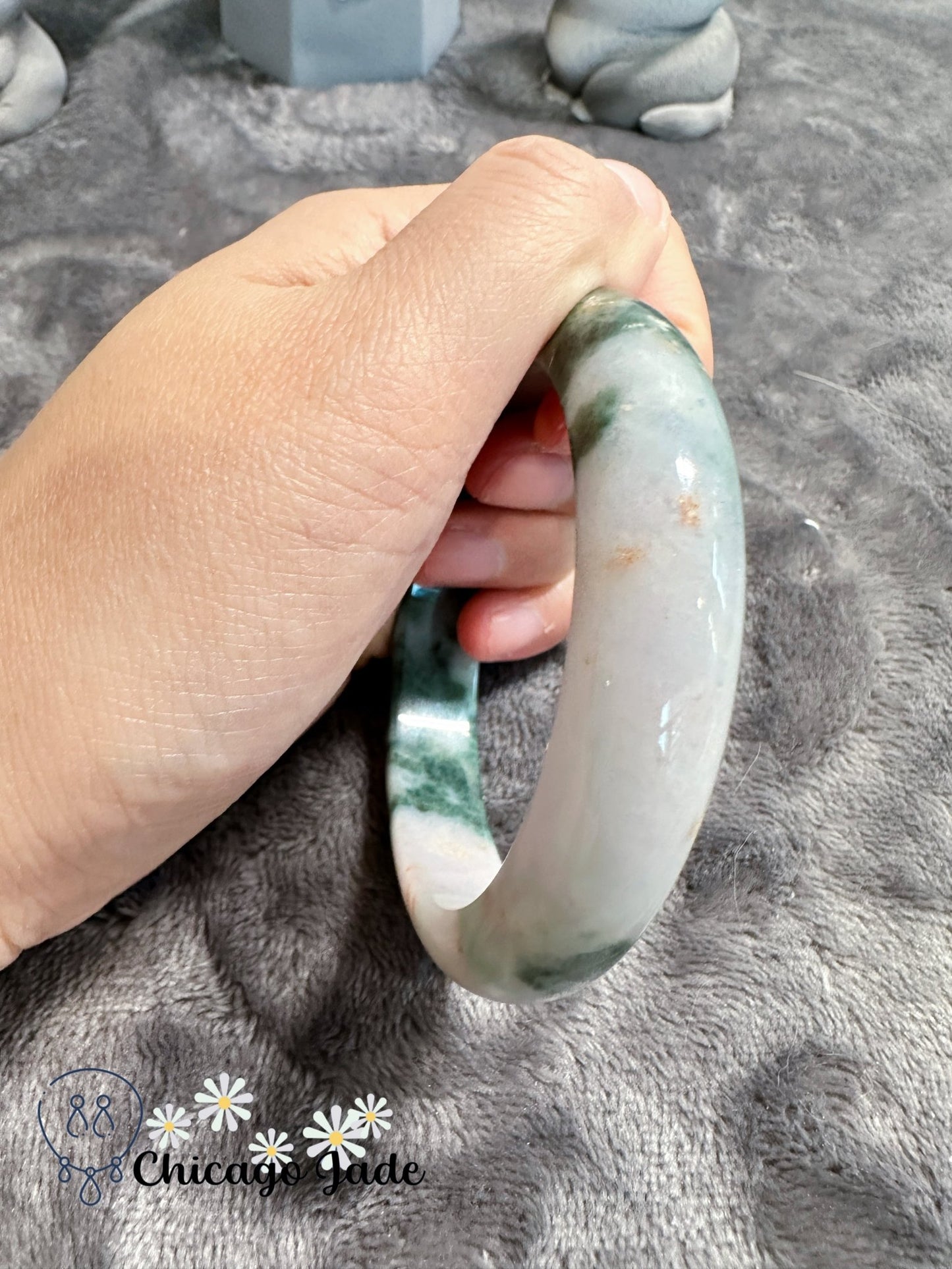 Light green base with clouds of green and touches of gold jadeite jade bangle (size XL) - Chicago Jadeanniversarybanglebirthday giftChicago Jade