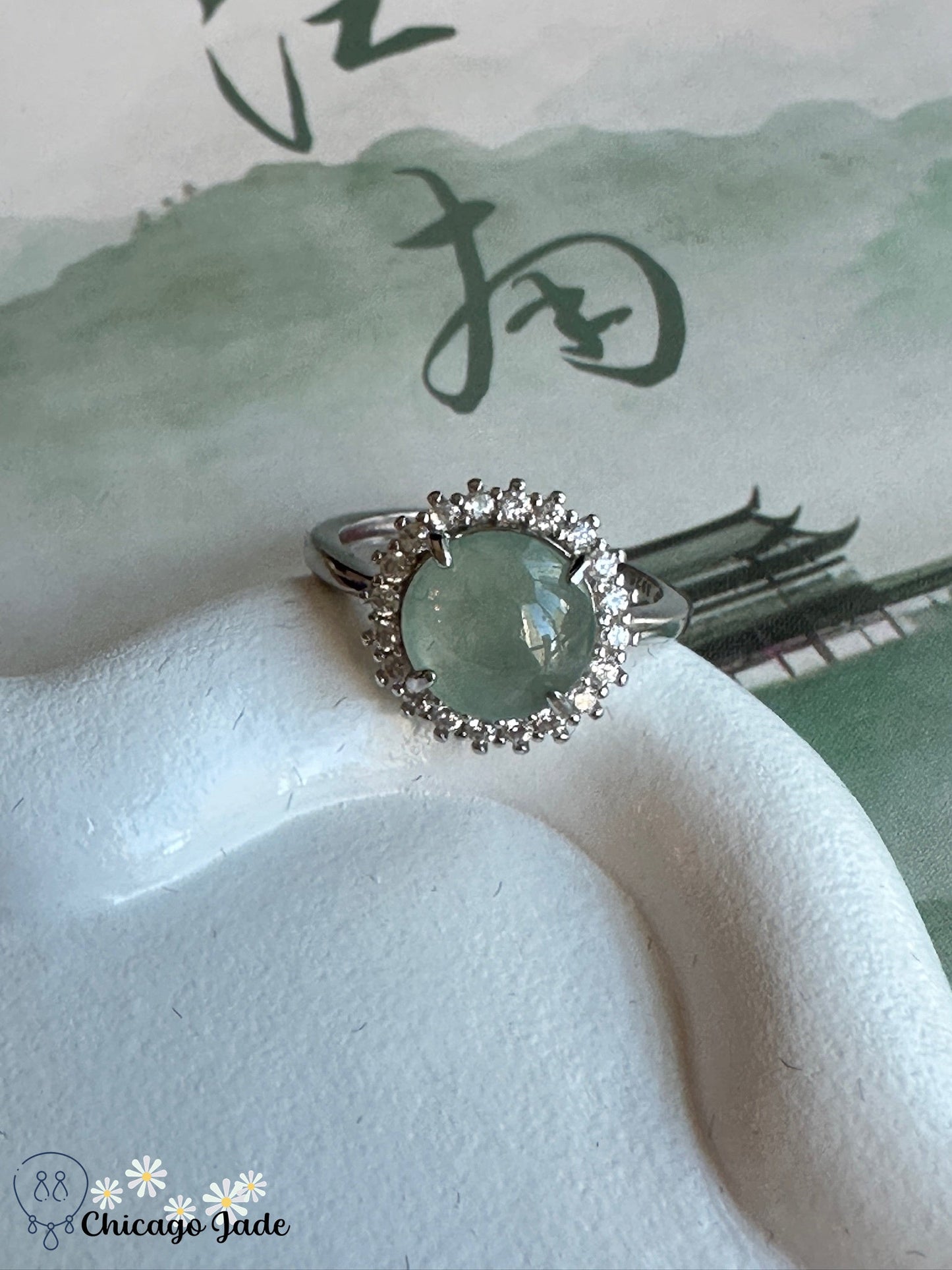 Light Green jadeite jade sterling silver ring with zircon - Chicago JaderingsilverChicago Jade