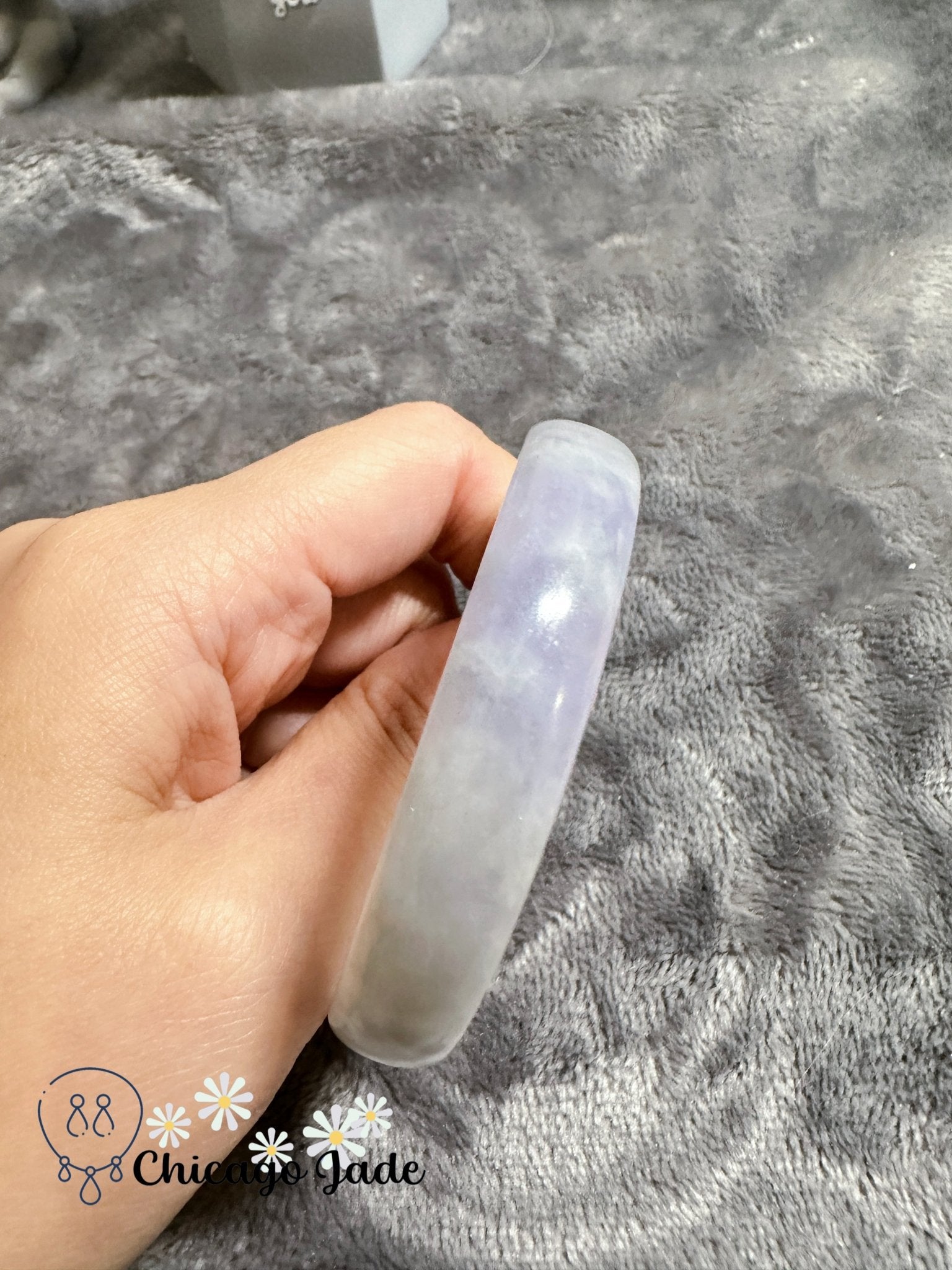 Light purple base with green flowers thin jadeite jade bangle (size XS) - Chicago Jadeanniversarybanglebirthday giftChicago Jade