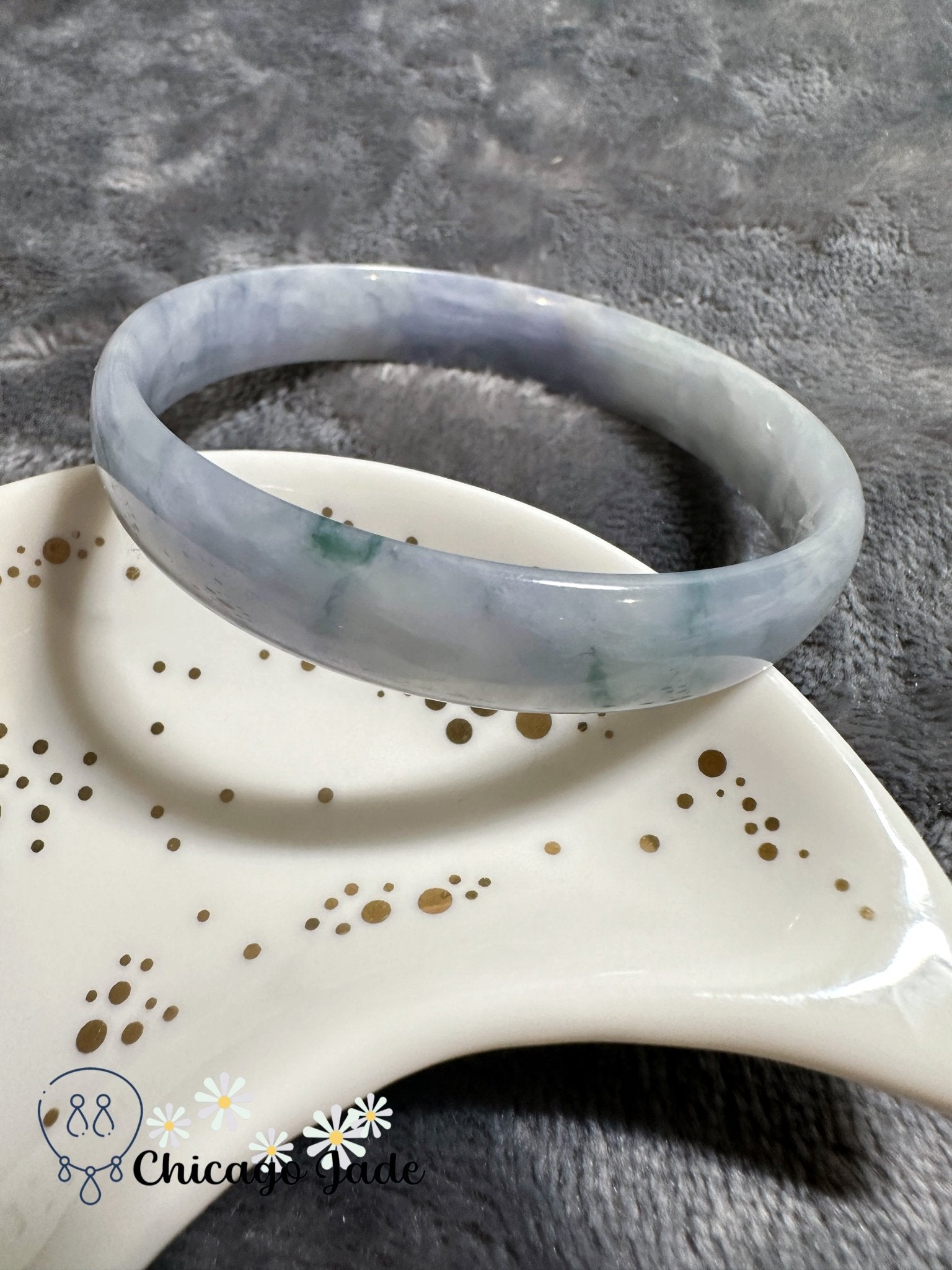 Light purple base with green flowers thin jadeite jade bangle (size XS) - Chicago Jadeanniversarybanglebirthday giftChicago Jade