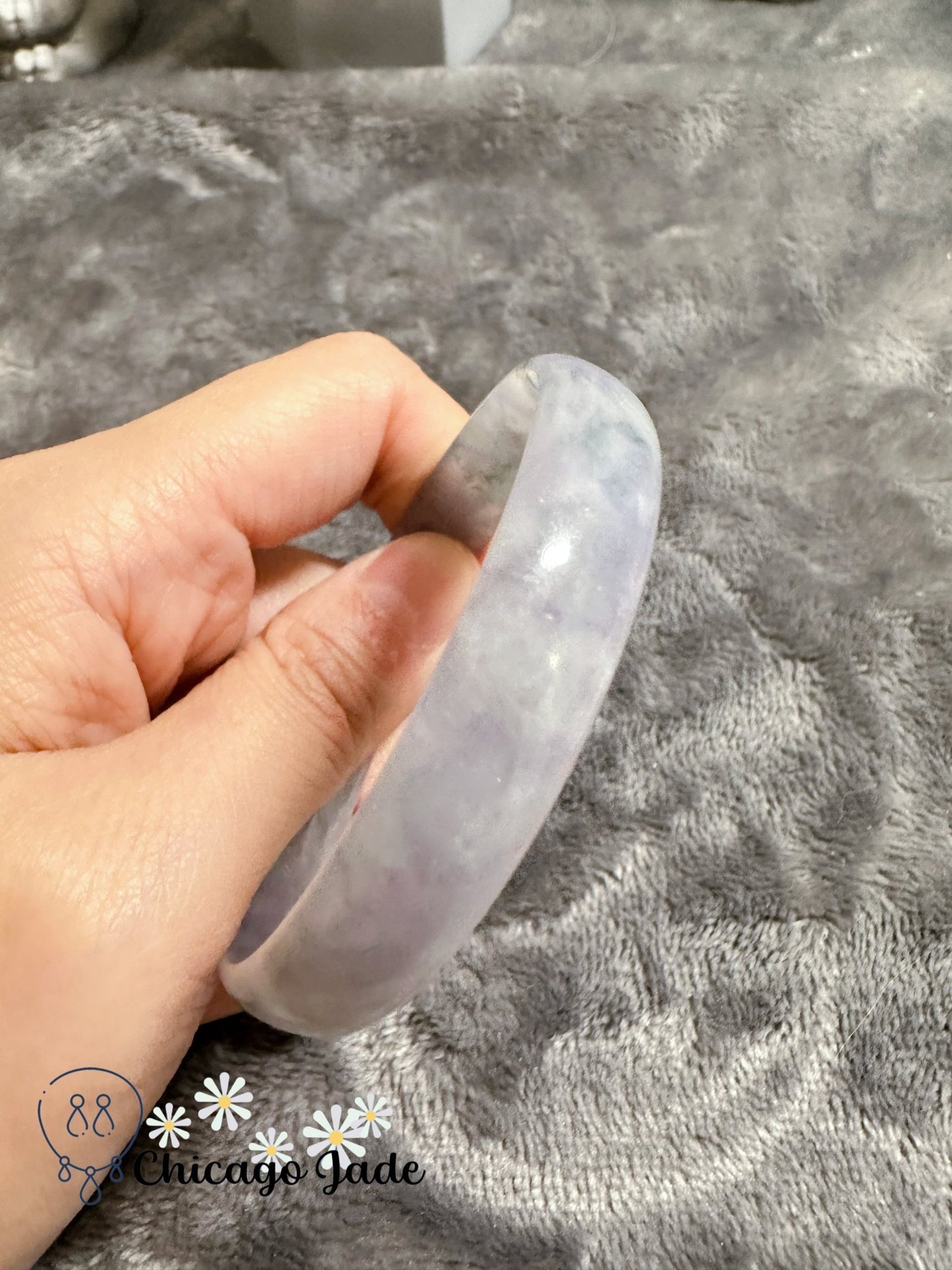 Light purple base with green flowers thin jadeite jade bangle (size XS) - Chicago Jadeanniversarybanglebirthday giftChicago Jade