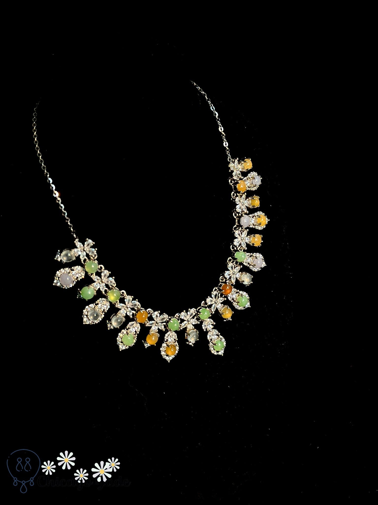 Luxury rainbow jadeite jade and zircon in sterling silver cleopatra necklace - Chicago JadedesignerholidaynecklaceChicago Jade