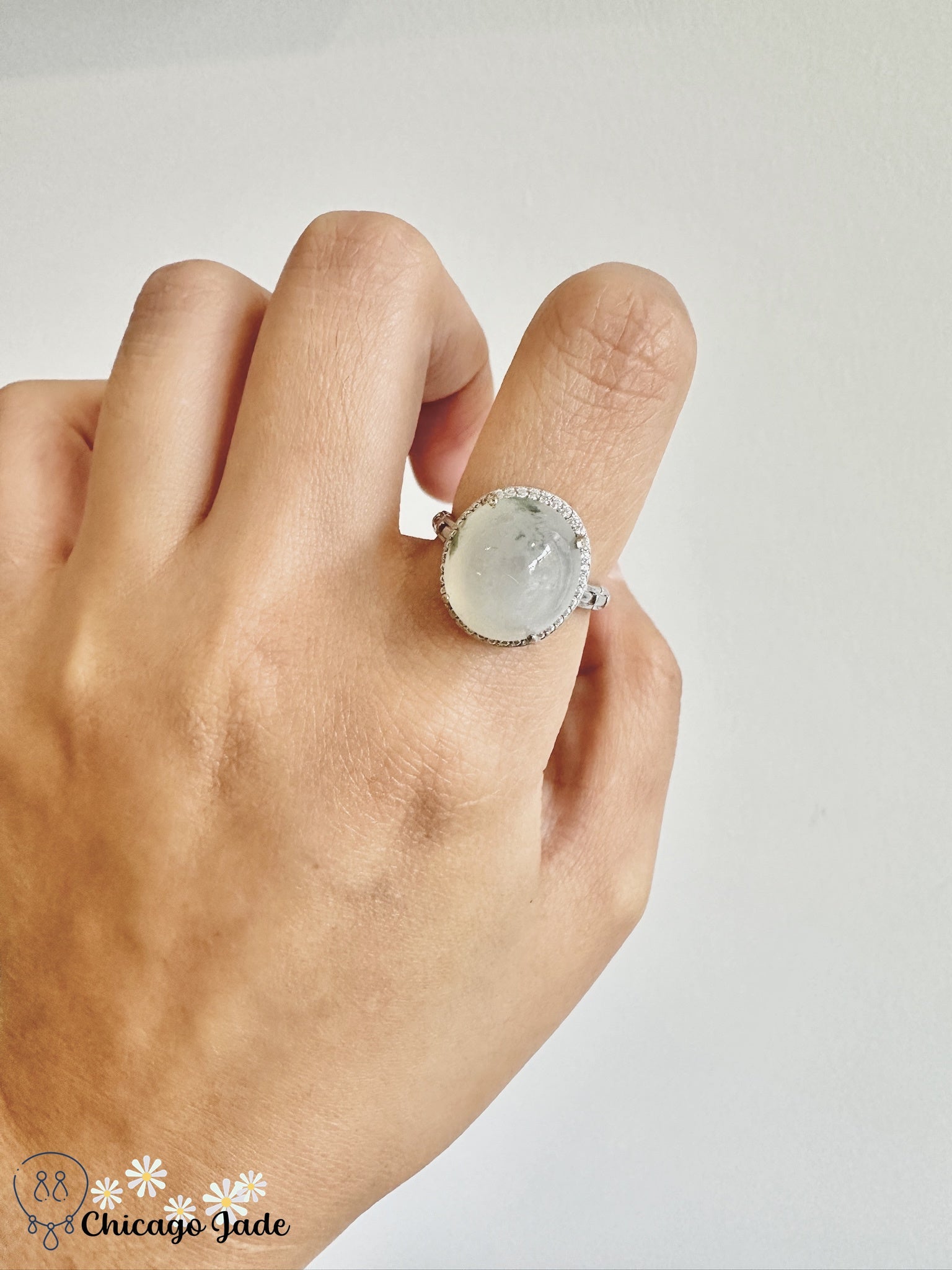 Oval Floral Green on translucent white jadeite sterling silver ring - Chicago JaderingsilverChicago Jade