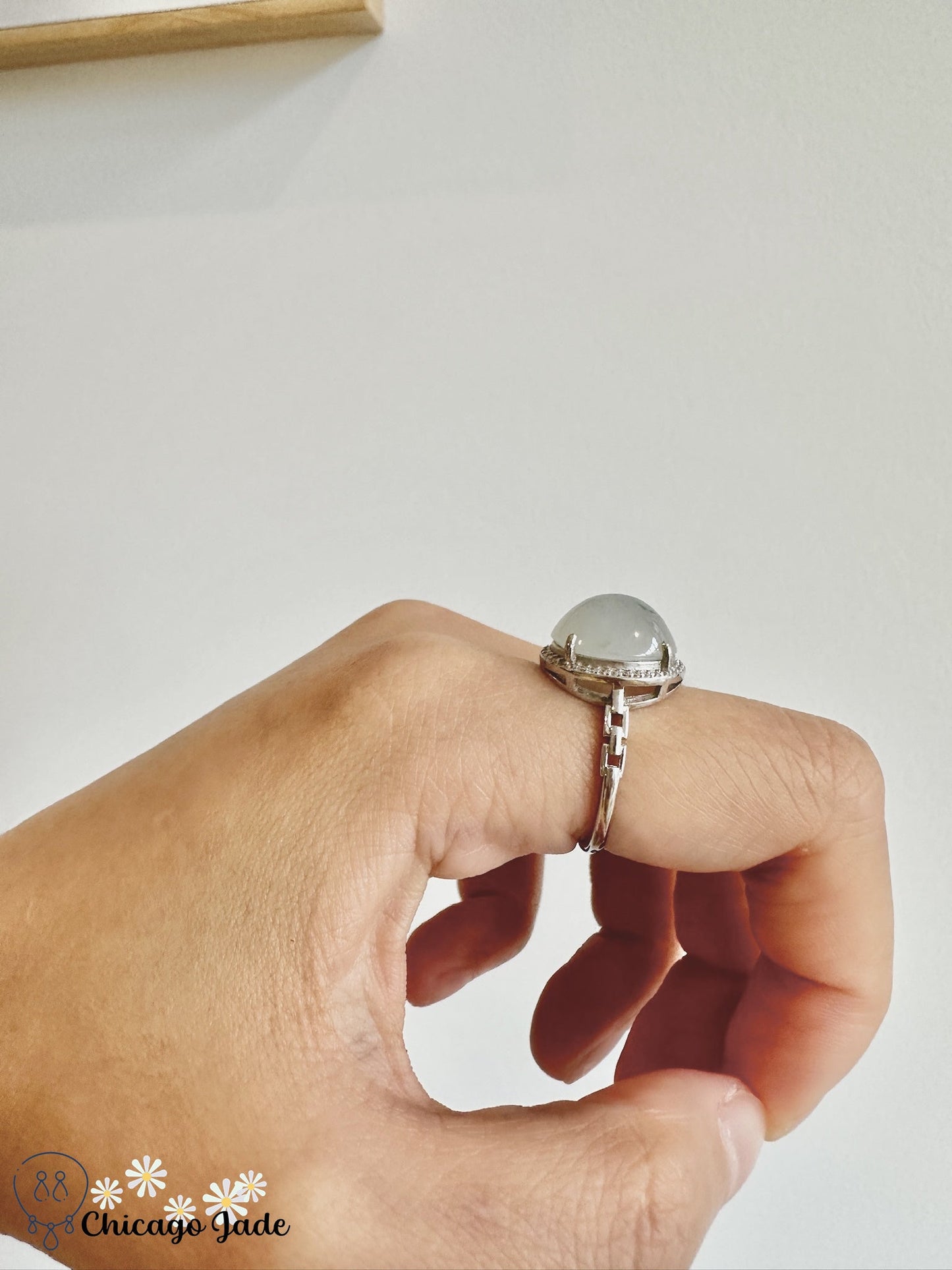 Oval Floral Green on translucent white jadeite sterling silver ring - Chicago JaderingsilverChicago Jade