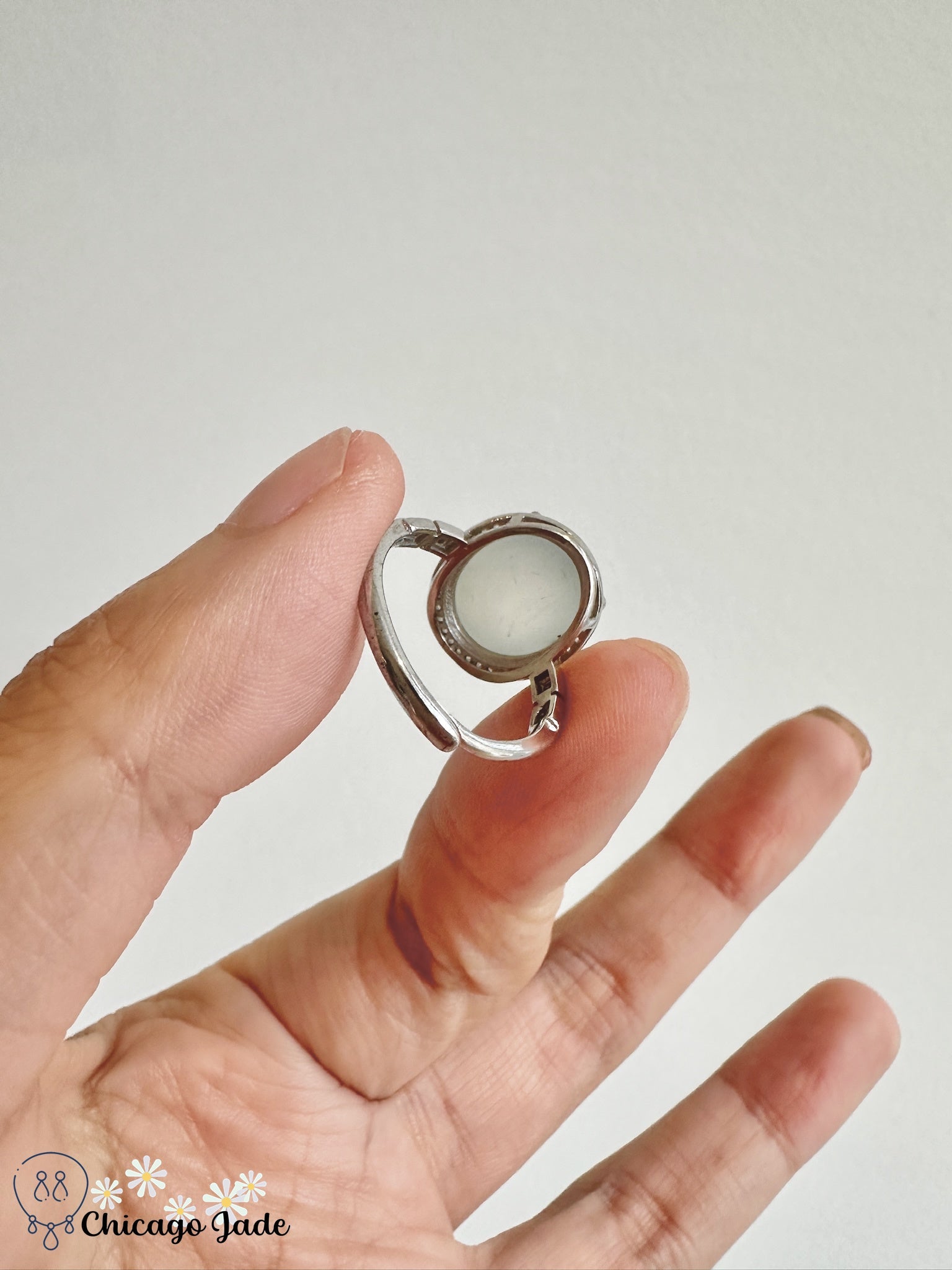 Oval Floral Green on translucent white jadeite sterling silver ring - Chicago JaderingsilverChicago Jade