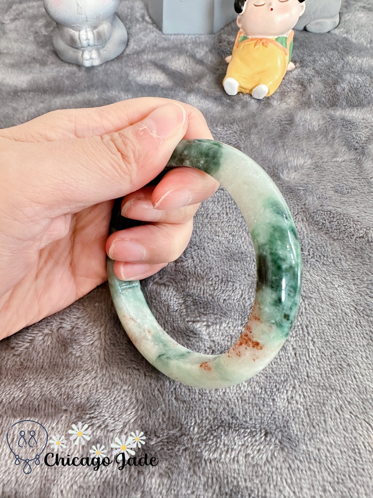 Rainbow - Dark Green Black White and Black Jadeite Flat Inside Bangle 58.4mm (size L) - Chicago Jadeanniversarybanglebirthday giftChicago Jade