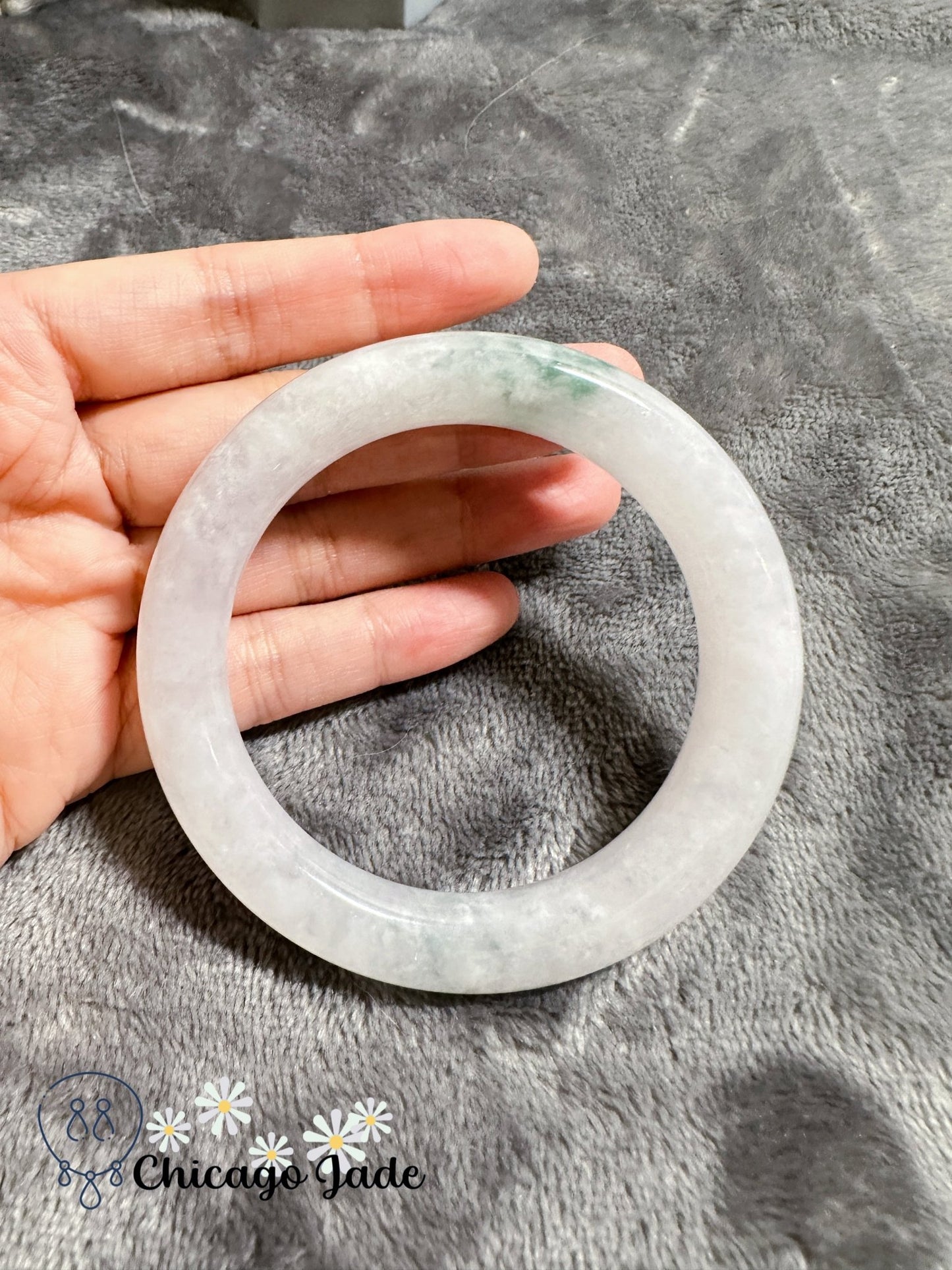 Translucent high quality cloud white base with green flowers jadeite jade bangle (size M) - Chicago Jadeanniversarybanglebirthday giftChicago Jade