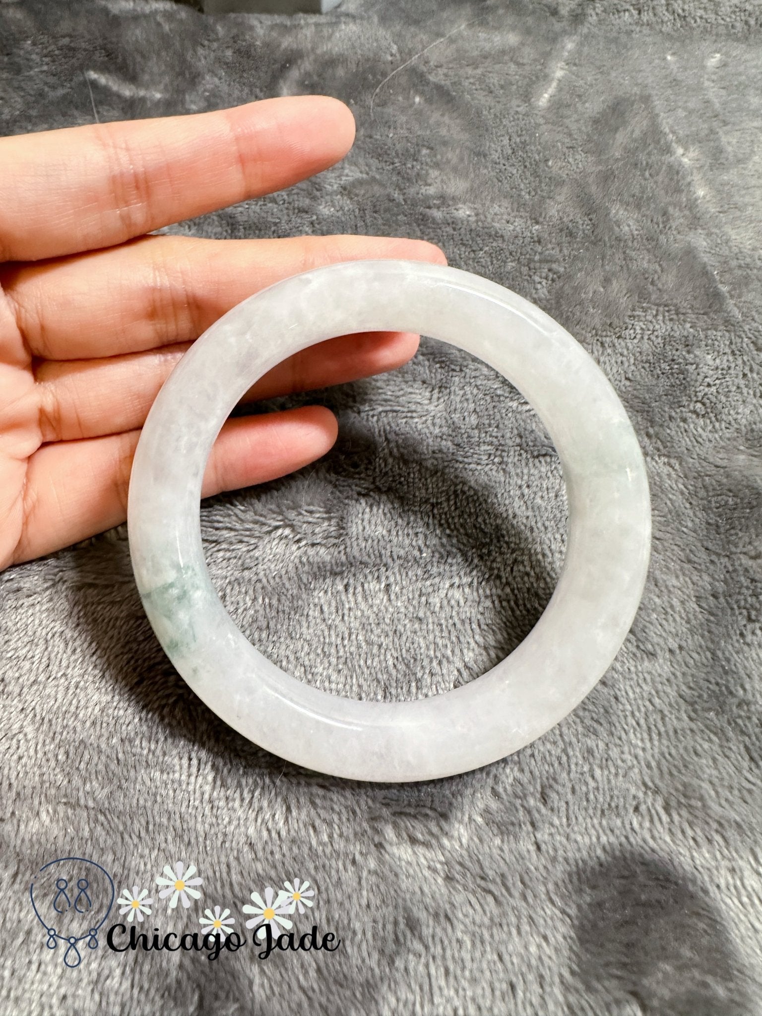 Translucent high quality cloud white base with green flowers jadeite jade bangle (size M) - Chicago Jadeanniversarybanglebirthday giftChicago Jade