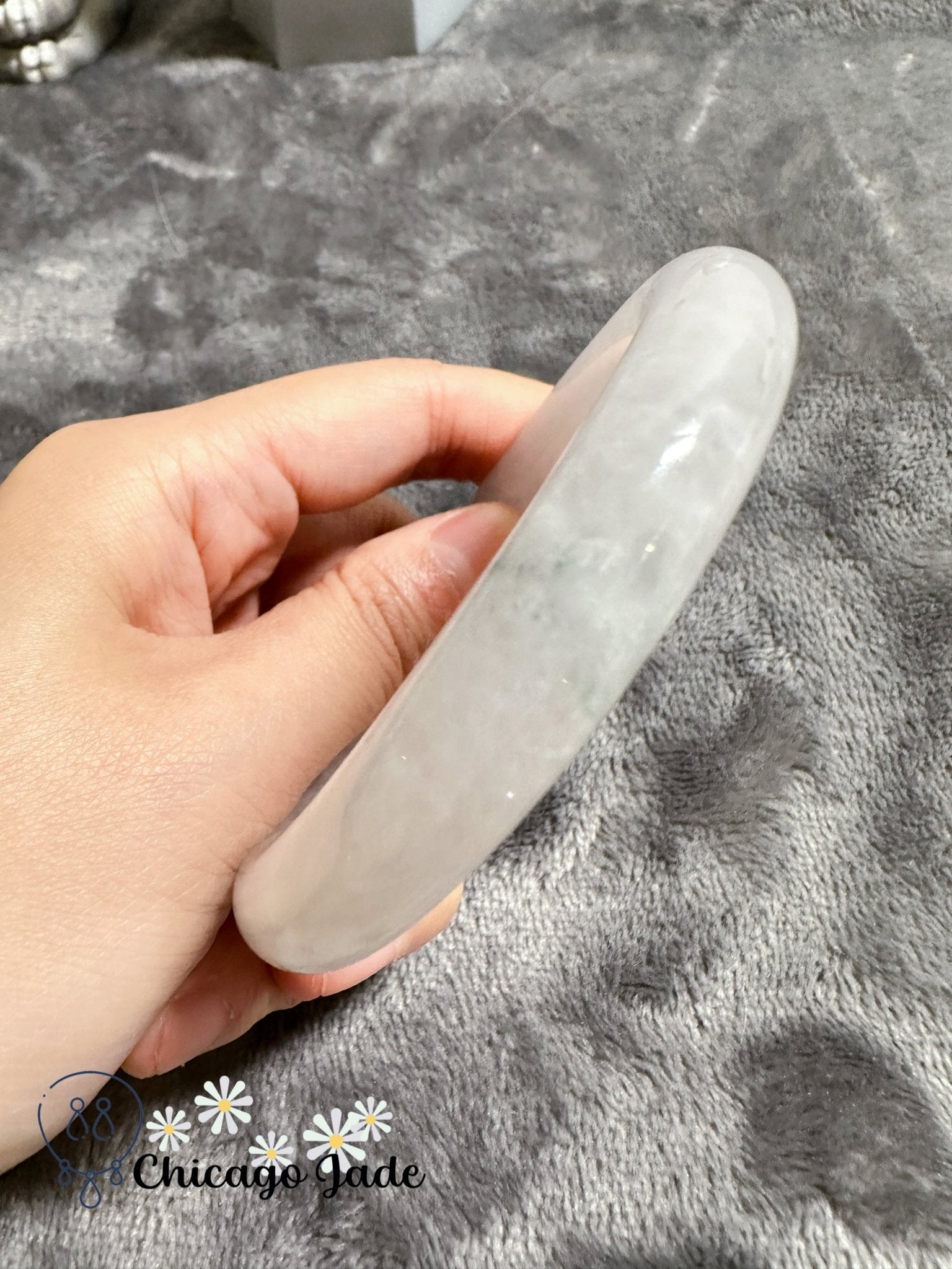 Translucent high quality cloud white base with green flowers jadeite jade bangle (size M) - Chicago Jadeanniversarybanglebirthday giftChicago Jade