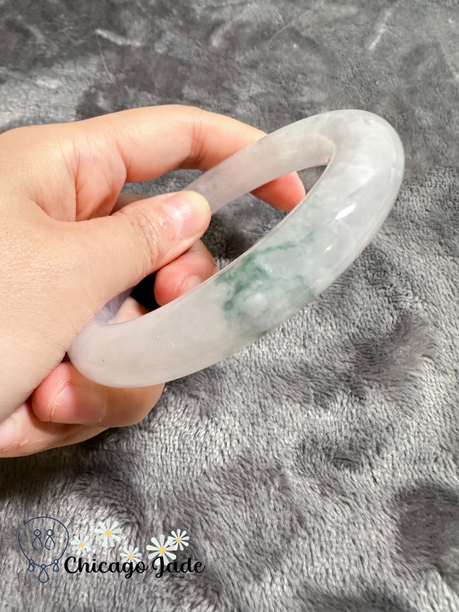 Translucent high quality cloud white base with green flowers jadeite jade bangle (size M) - Chicago Jadeanniversarybanglebirthday giftChicago Jade