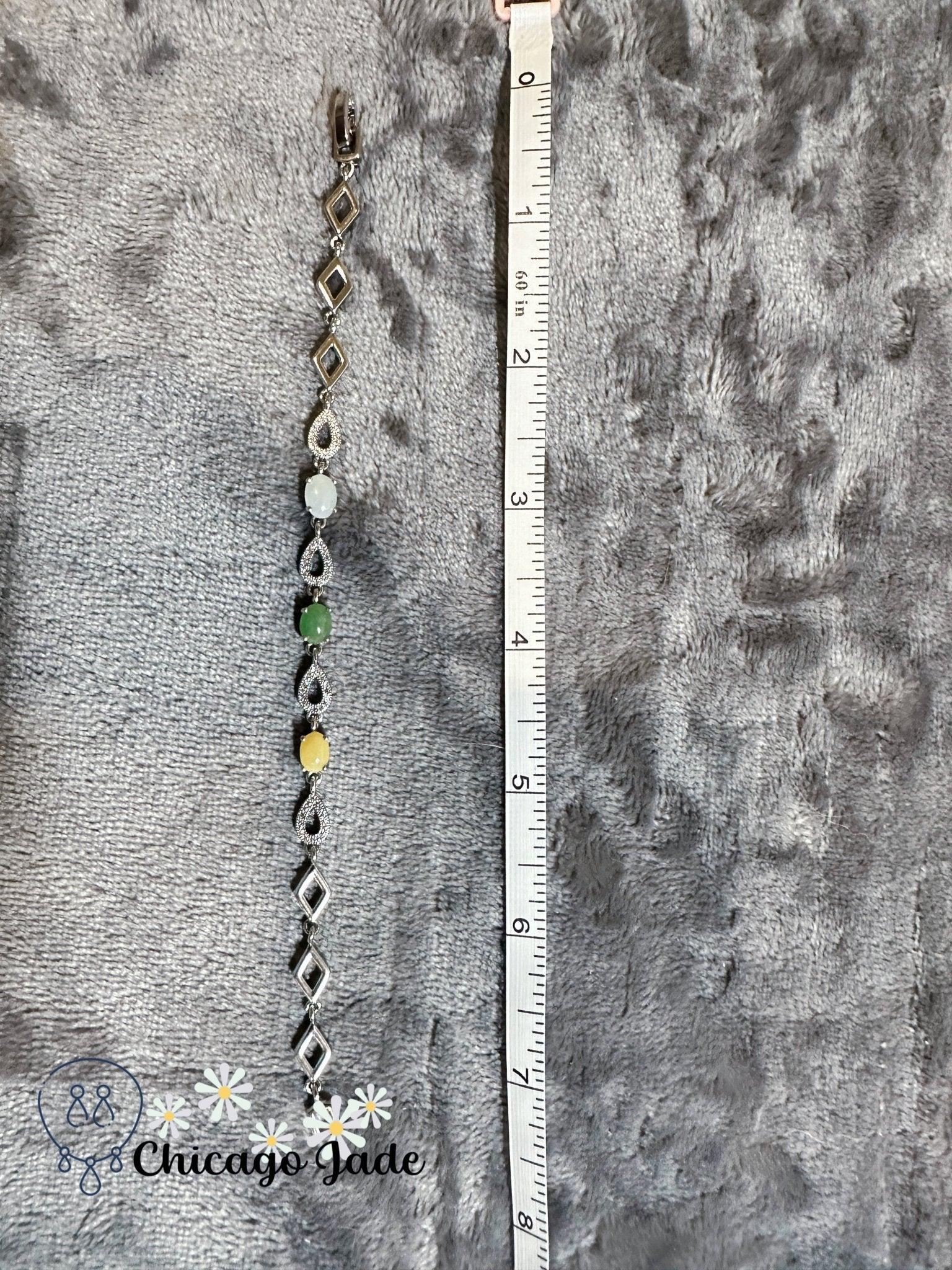 tri-color jadeite jade stone set on silver bracelet - Chicago Jadeanniversarybirthday giftbraceletChicago Jade