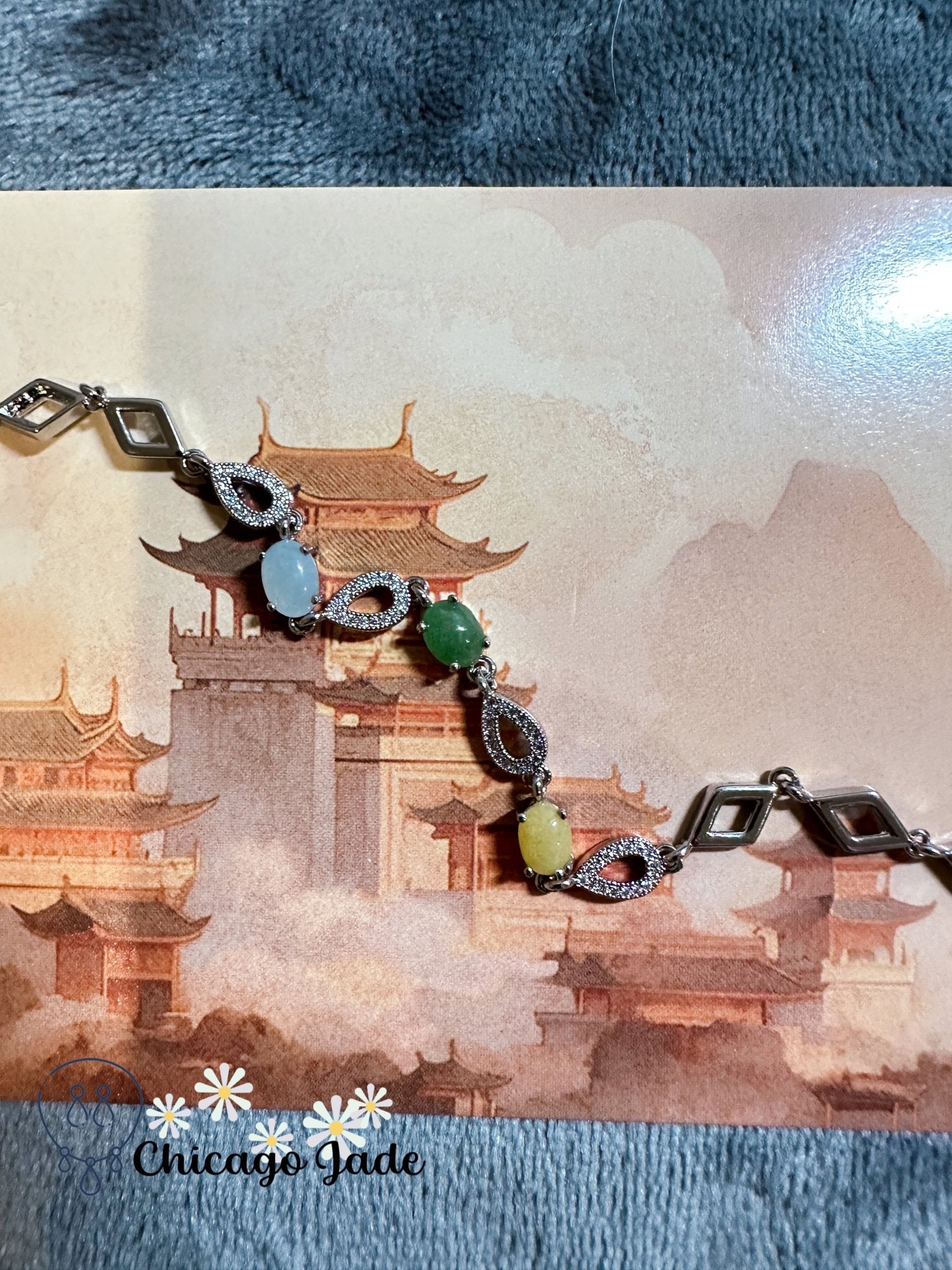 tri-color jadeite jade stone set on silver bracelet - Chicago Jadeanniversarybirthday giftbraceletChicago Jade