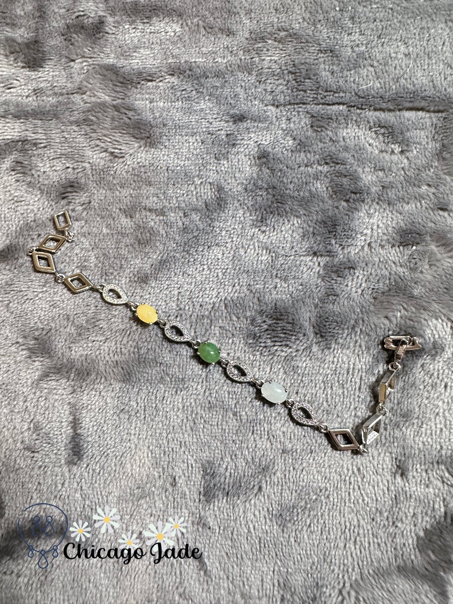 tri-color jadeite jade stone set on silver bracelet - Chicago Jadeanniversarybirthday giftbraceletChicago Jade