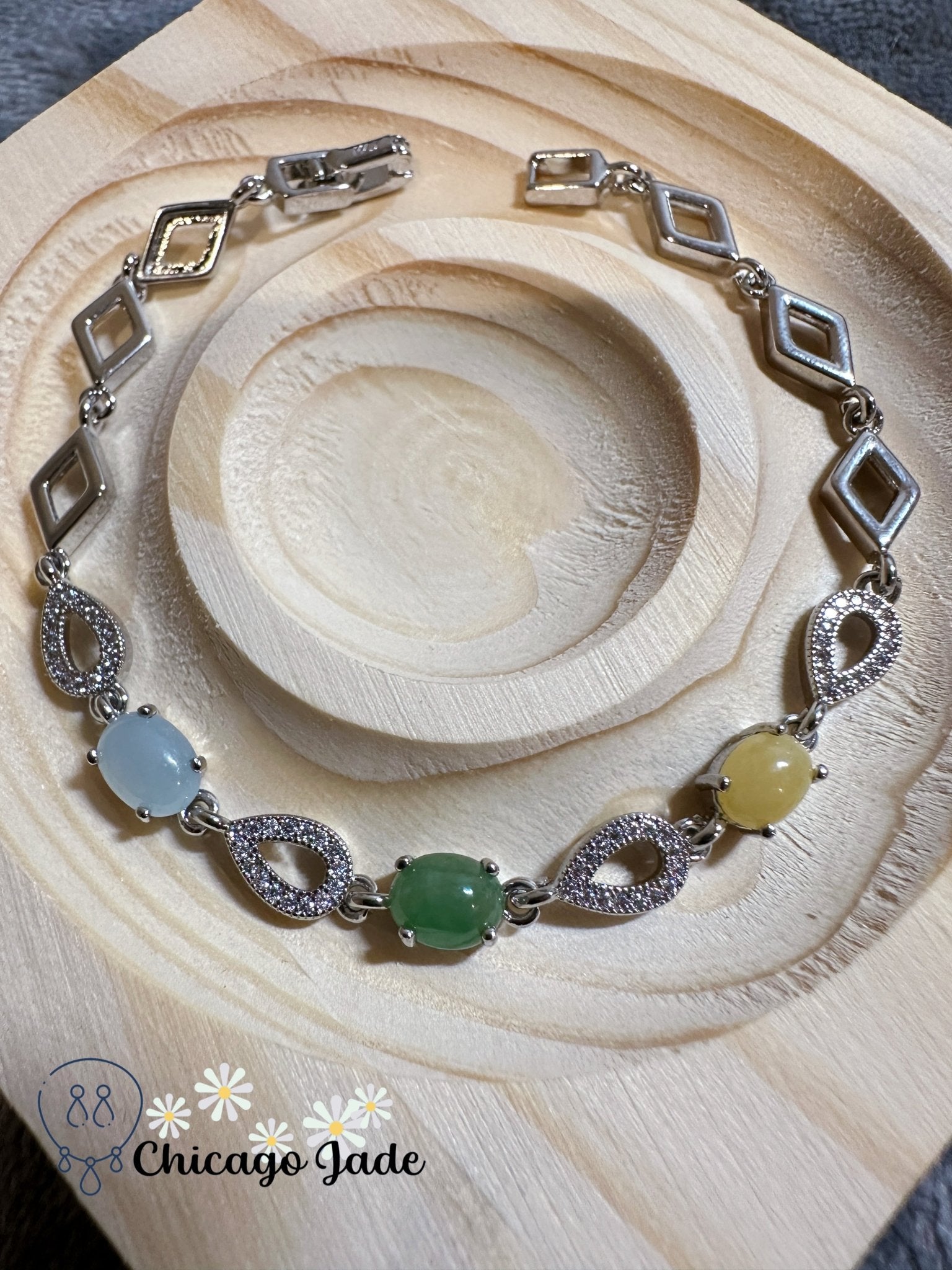 tri-color jadeite jade stone set on silver bracelet - Chicago Jadeanniversarybirthday giftbraceletChicago Jade