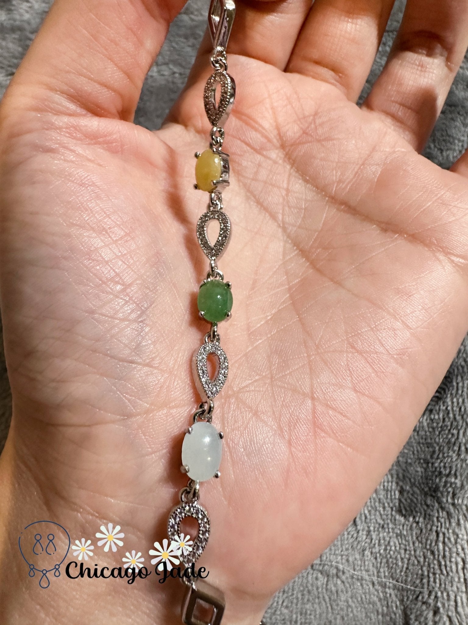 tri-color jadeite jade stone set on silver bracelet - Chicago Jadeanniversarybirthday giftbraceletChicago Jade