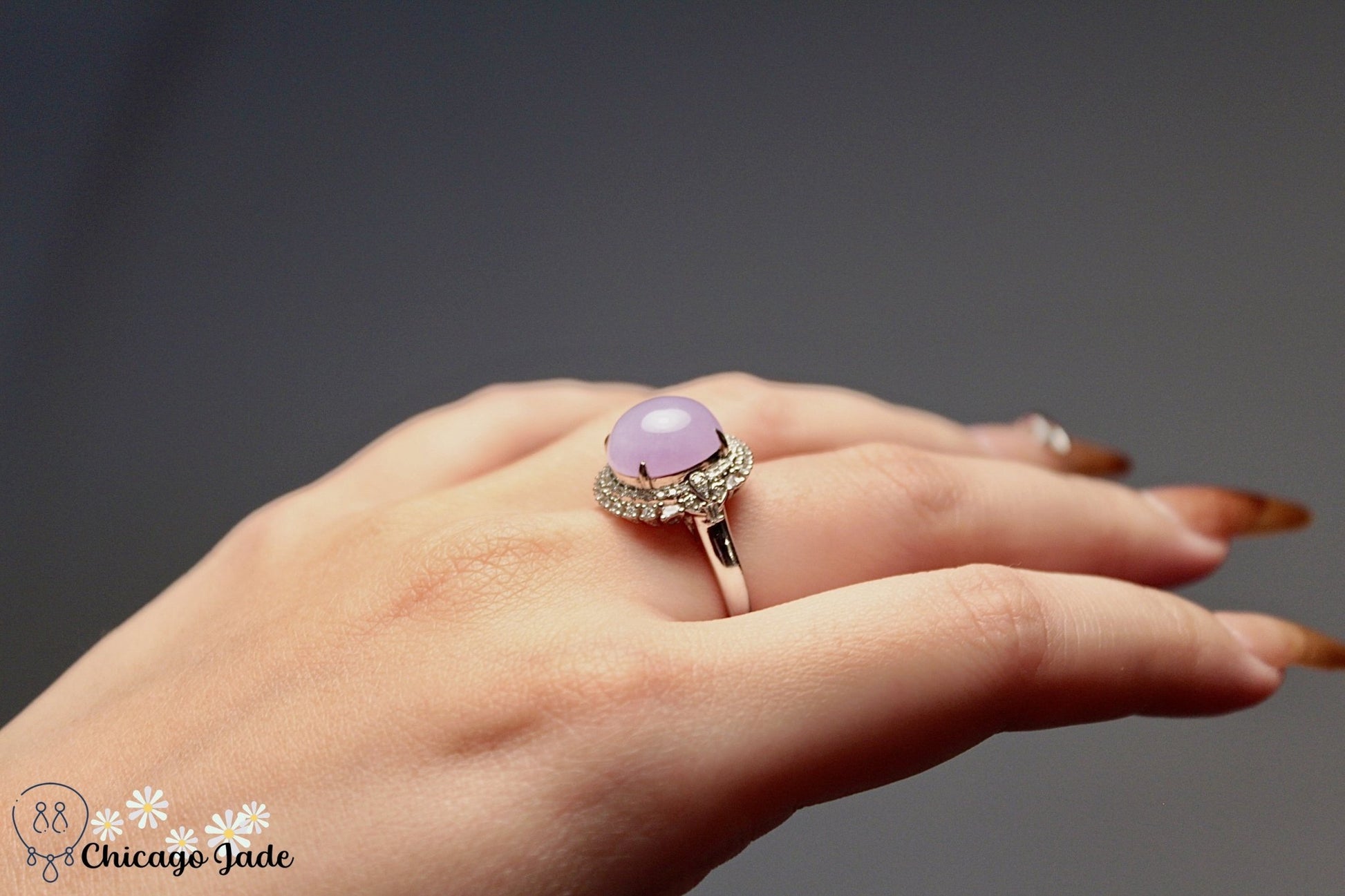 Vivid Purple Jadeite ring set in 18K white gold and Diamond - Chicago JadedesignergoldringChicago Jade