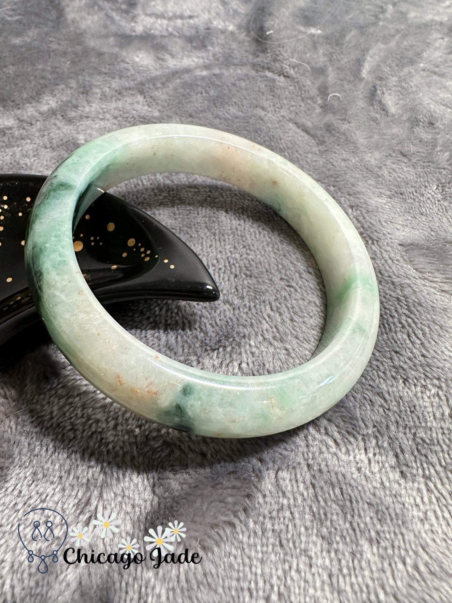 White base with floating green flowers jadeite jade bangle (size L) - Chicago Jadeanniversarybanglebirthday giftChicago Jade