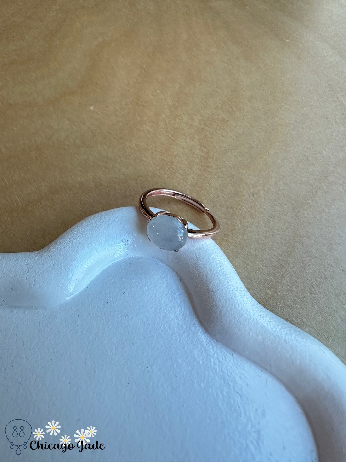 White jadeite jade on rose gold plated sterling silver smooth band ring - Chicago JaderingsilverChicago Jade