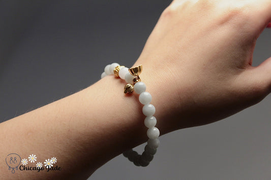 White Jadeite with Lotus Dangles Beaded Bracelet - Chicago JadebeadedbraceletChicago Jade