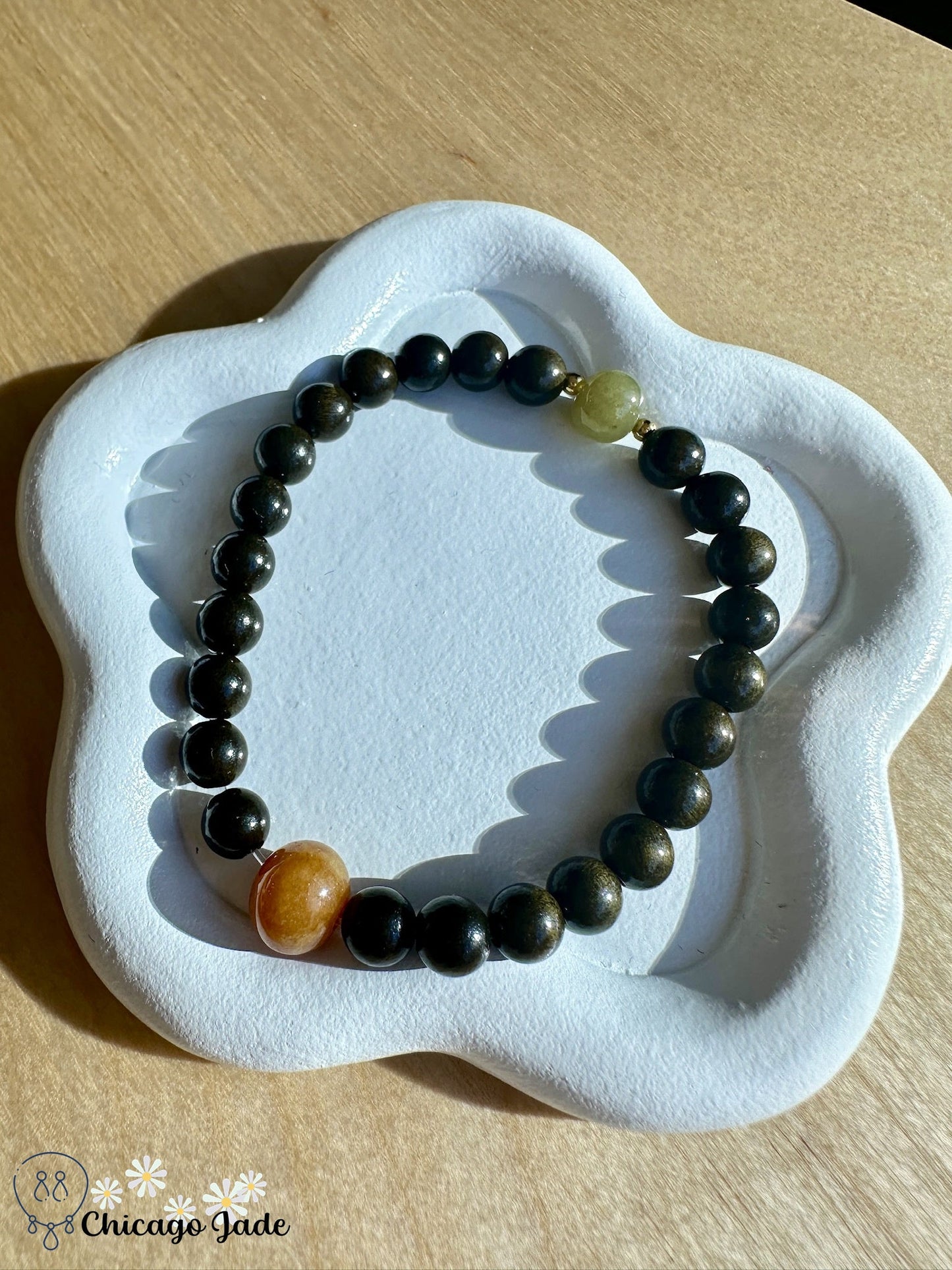 Yellow olive jadeite beaded bracelet with wood - Chicago JadebeadedbraceletwoodChicago Jade