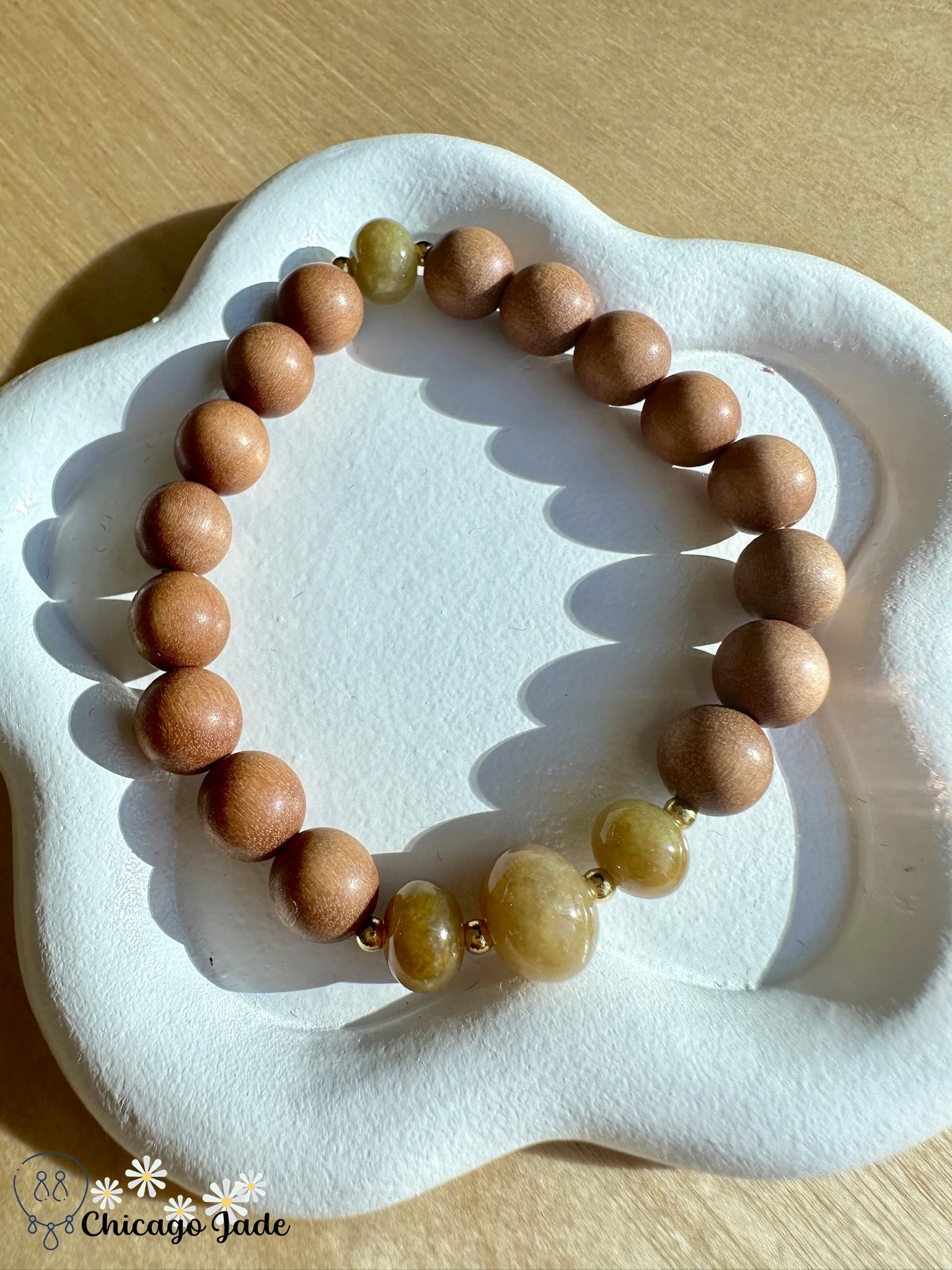 Yellow olive jadeite beaded bracelet with wood - Chicago JadebeadedbraceletwoodChicago Jade