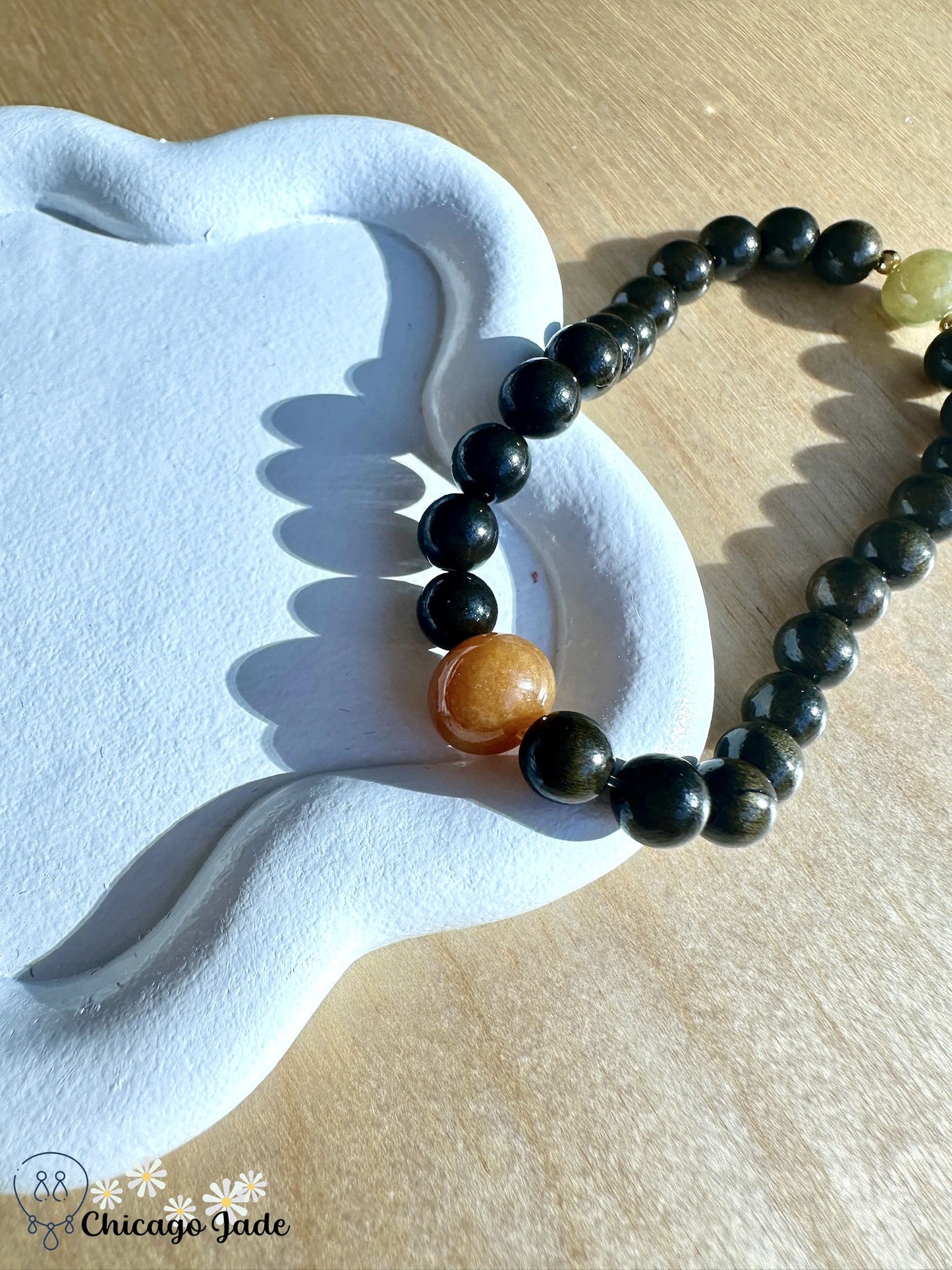 Yellow olive jadeite beaded bracelet with wood - Chicago JadebeadedbraceletwoodChicago Jade