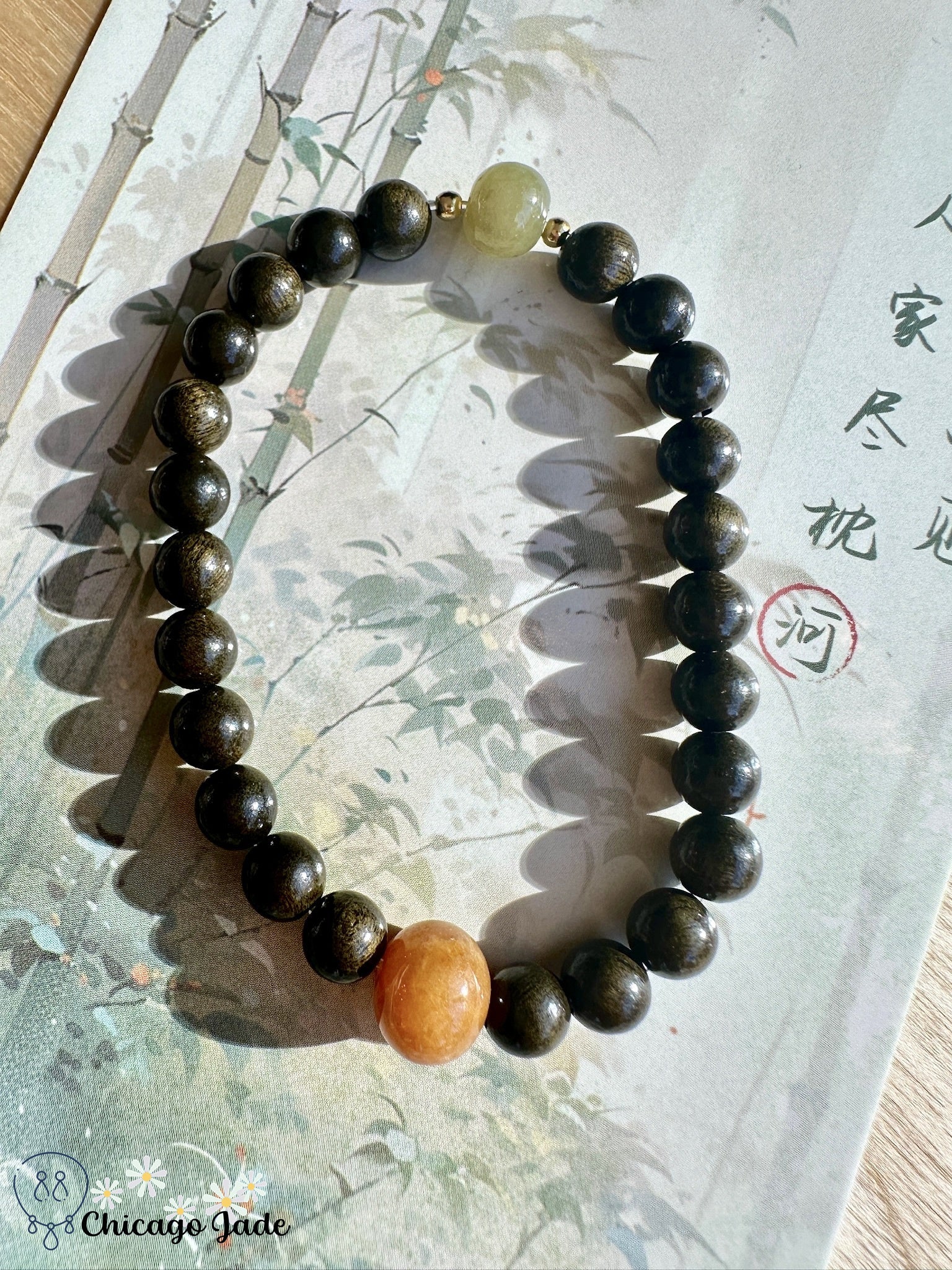 Yellow olive jadeite beaded bracelet with wood - Chicago JadebeadedbraceletwoodChicago Jade