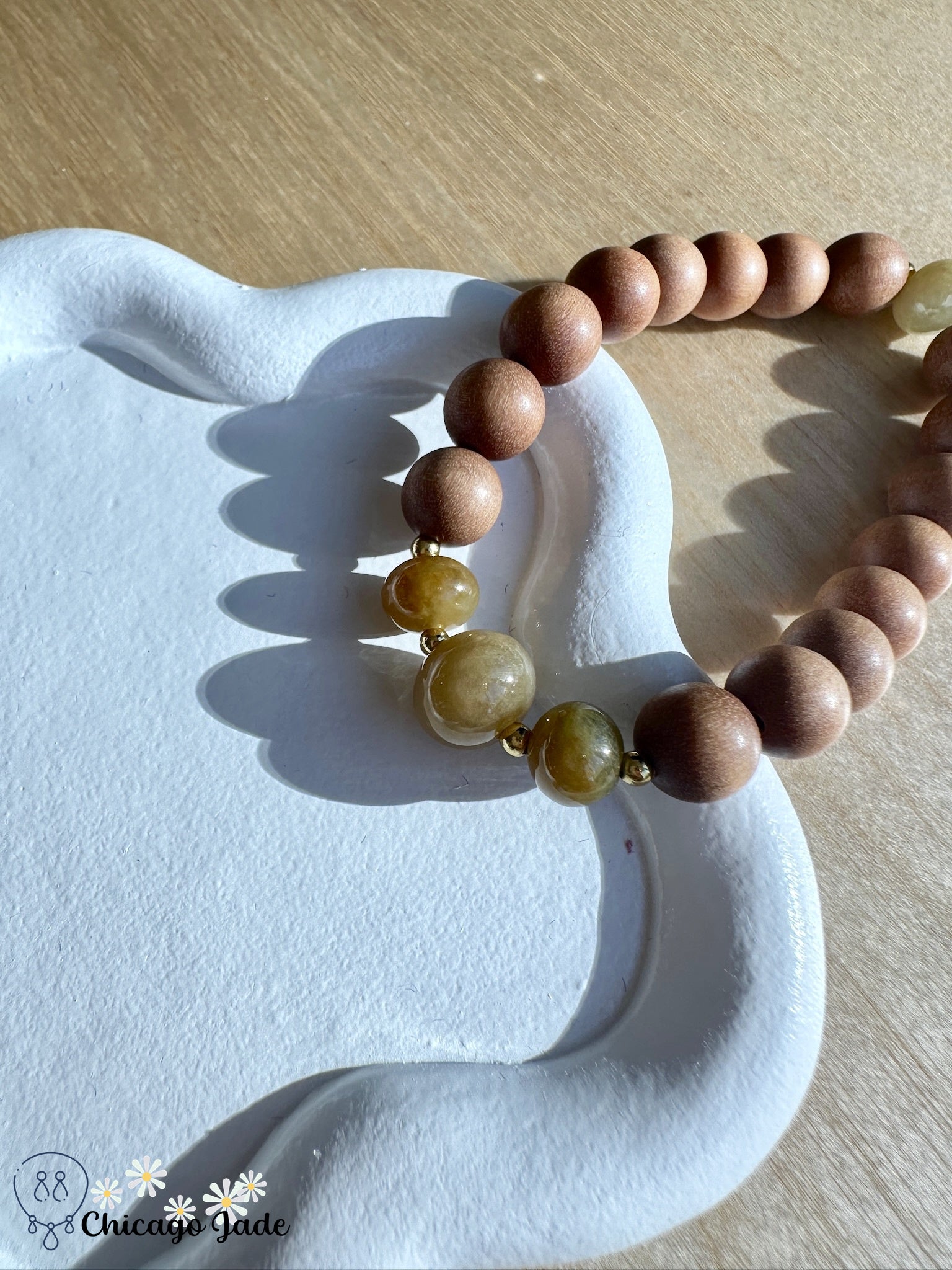 Yellow olive jadeite beaded bracelet with wood - Chicago JadebeadedbraceletwoodChicago Jade